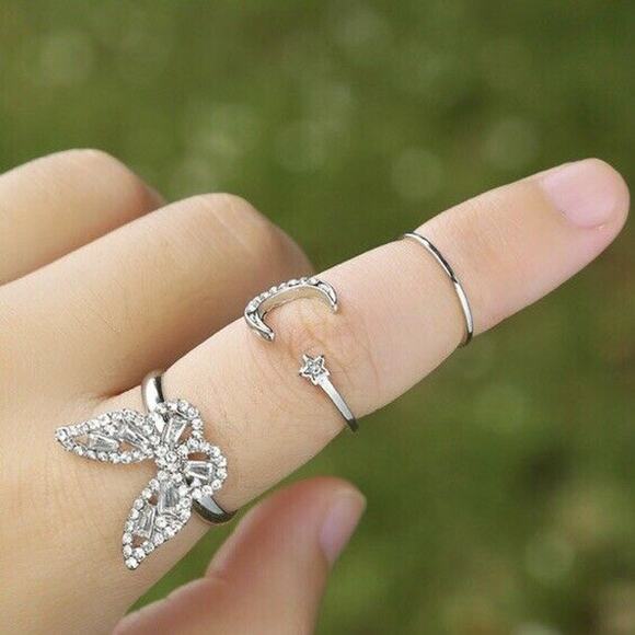 Silver Alloy Plated Fashion Rhinestone Butterfly Moon Star Ring Trio - Picture 8 of 8